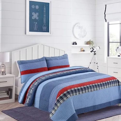 Miniatura 13 de Cozy Line Home Fashions Juego de ropa de cama acolchada reversible para niño de 100% algodón a rayas azul marino, colcha cubrecama para todas