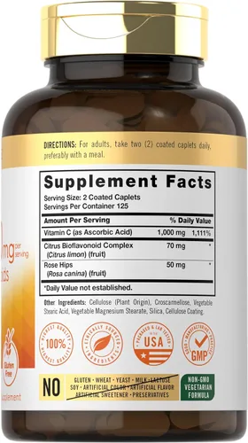 Miniatura 2 de Carlyle Vitamina C 1000mg con Bioflavonoides 250 Comprimidos con Escaramujo Suplemento Vegetariano, Sin OMG, Sin Gluten