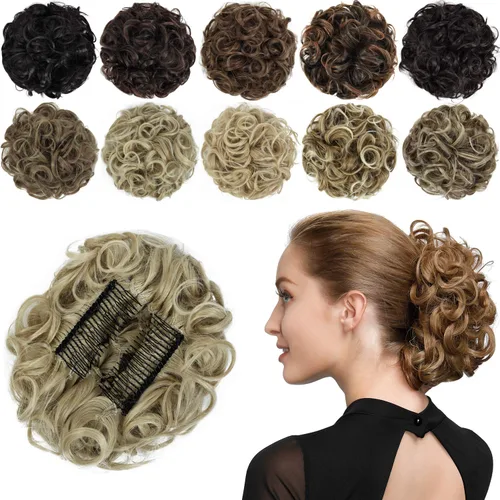Miniatura 15 de Rose bud Postizo de Moño Rizado Extensiones de Moño Coletero Peinado Recogido Peinetas Sintéticas en Postizo de Moño Desordenado para Mujeres Marrón