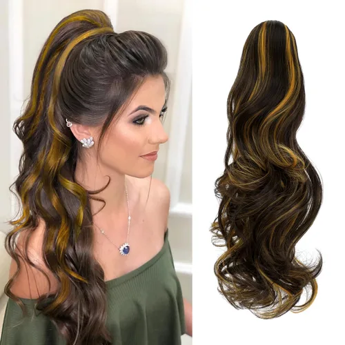 Miniatura 38 de Felendy Extensión de cola de caballo de 18 pulgadas, mezcla de rubio ceniza, marrón oscuro, rizado, ondulado, con clip, extensiones de cabello largo