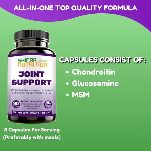Miniatura 8 de SHIFAA NUTRITION Suplemento de apoyo articular halal con glucosamina condroitina MSM 2820 mg 30 porciones Sin OMG