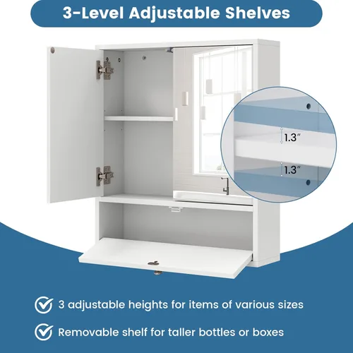 Miniatura 5 de Giantex Armario de baño montado en la pared con espejo organizador de almacenamiento con estante de almacenamiento extraíble, botiquín, blanco