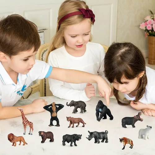 Miniatura 5 de SIENON 12 figuras de animales salvajes con tarjetas, figuras realistas de plástico de zoológico de selva con elefante, león, jirafa, oso, gorila