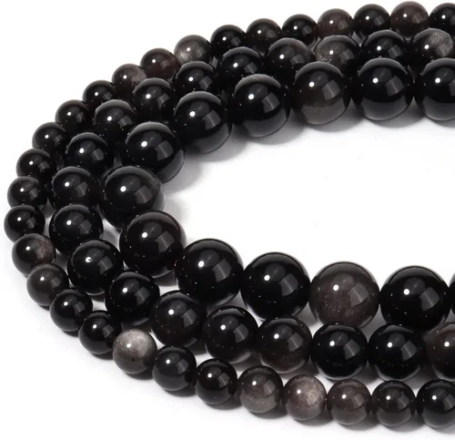 Miniatura 3 de 60 cuentas de piedra natural de 15⁄64 pulgadas (6 mm) con cuentas de obsidiana plateada que es una piedra para sanación de la energía. Cuentas Plata