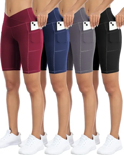 WHOUARE Paquete de 4 pantalones cortos de yoga con bolsillos para mujer, cintura alta, atléticos, correr, entrenamiento, gimnasio, control de abdomen