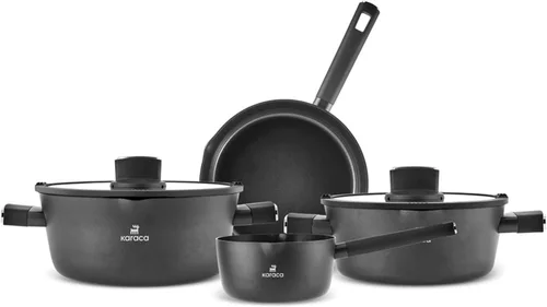 Karaca Swiss Crystal - Juego de utensilios de cocina de cerámica de medianoche, juego de ollas y sartenes antiadherentes con tapa, sin PFAS, apto
