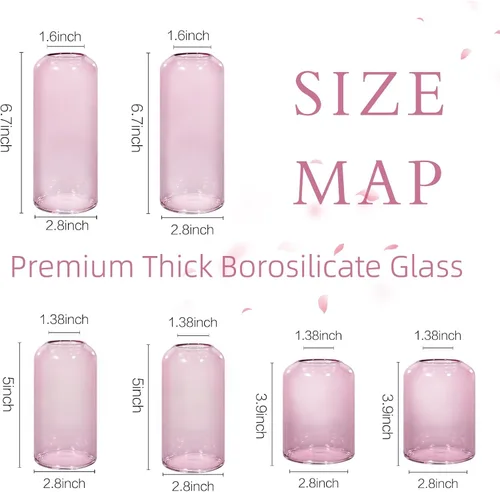 Miniatura 5 de ZENS Juego de 6 jarrones de cristal transparente rosa para flores. Moderno jarrón cilíndrico de vidrio soplado a mano para centros de mesa