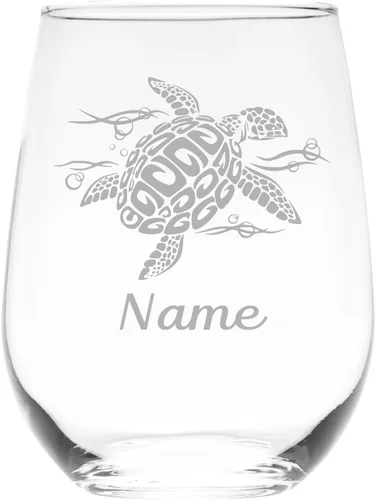 C M Tortuga marina con nombre - Vaso de vino sin tallo personalizado de 17 oz. Regalo temático de tortuga marina personalizada para mujeres y hombres