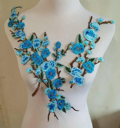 Miniatura 6 de 1 juego/2 piezas de parches de bordado de flores de Quince Sakura para planchar, appliques para decoración DIY (Azul)