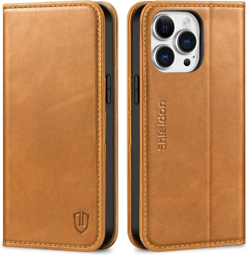 Miniatura 11 de SHIELDON Funda para iPhone 14 Pro Max 5G de 6.7 pulgadas, funda de cuero genuino tipo cartera con tapa con bloqueo RFID, ranuras para tarjetas, Negro