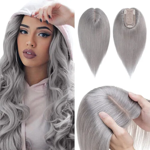 Miniatura 12 de Hairro Toppers de cabello humano 100% real para mujeres sin flequillo, postizos de cabello real con clip, base de seda transpirable para cubrir