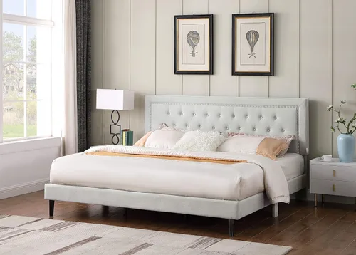 Miniatura 9 de Base de cama de plataforma tapizada tamaño matrimonial con cabecero ajustable de 48 pulgadas de alto, cama de terciopelo de lino con botones