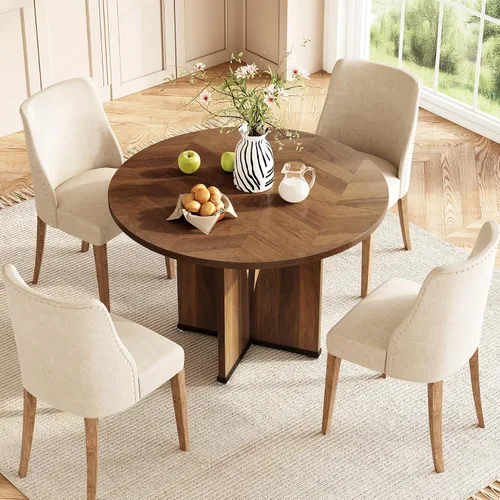 Miniatura 3 de LITTLE TREE Mesa de comedor redonda de 39 pulgadas para 4, mesa de cocina rústica con pedestal estable en forma de X, mesa de comedor