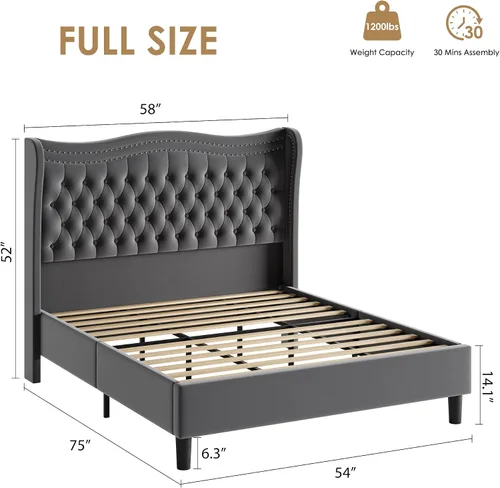 Miniatura 2 de Marco de cama tapizado tamaño completo con cabecera alta, marco de cama plataforma de terciopelo con respaldo alado con botones profundos Gris