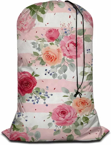 Swono Cesta de almacenamiento de juguetes de comedor con diseño de rosas rosadas, bolsa de lavandería con cordón, románticos ramos de peonías Rosa