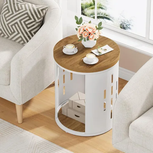 Miniatura 2 de Mesa auxiliar redonda rústica, mesa auxiliar de 2 niveles con estante de almacenamiento, mesita de noche pequeña para sala de estar y espacios