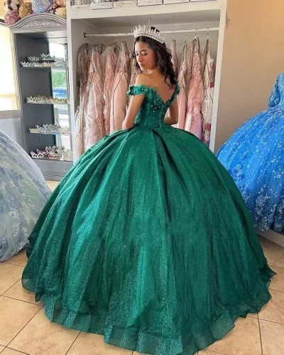 Miniatura 6 de Youjiayi Vestidos de quinceañera florales 3D para mujer, vestidos largos de tul hinchados, vestidos de baile de graduación con hombros descubiertos