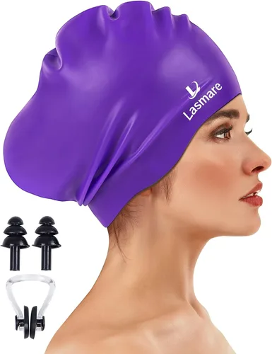 Miniatura 10 de Large Long Hair Swim Cap with Extra Room for Women Men, Silicone Swimming Cap for Long Thick Hair with Ear Plugs Nose Clip Set, Adult Waterproof