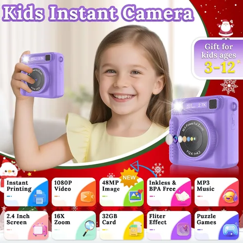 Miniatura 2 de Cámara para niños con impresión instantánea, grabadora de video digital HD 1080P con tarjeta SD de 32 GB, regalos de Navidad y cumpleaños para niños