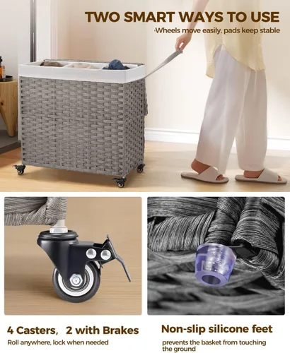 Miniatura 3 de GREENSTELL Cesta para ropa sucia con ruedas y tapa, 130 L, cesta grande de 3 secciones con 2 tipos de bolsas de forro extraíbles, 5 bolsas de malla
