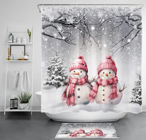 Miniatura 10 de LB Cortina de ducha de muñeco de nieve azul para baño, árbol de Navidad y copo de nieve en invierno con ganchos, juego de cortina de baño