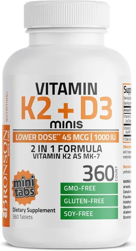 Miniatura 5 de Bronson Vitamina K2 (MK7) con D3 Dosis Baja 45mcg Vitamina K2 y 1000 UI Vitamina D3 Fácil de Tragar Mantenimiento Diario Fórmula 2 en 1 Sin GMO, 360