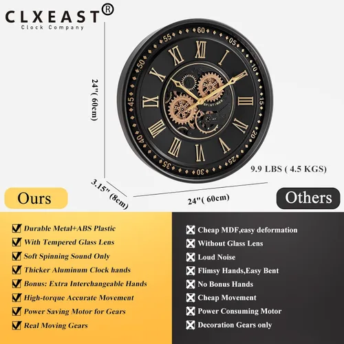 Miniatura 3 de CLXEAST Reloj de pared de 24 pulgadas con engranajes en movimiento, relojes de pared dorados negros con números romanos para decoración moderna