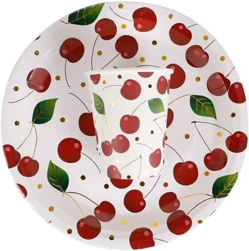 Miniatura 4 de Geeklife Vasos de papel de cereza dorada, 9 onzas de papel de cerezas, frutas y cerezas, desechables, vasos de papel decorativos a granel, 40