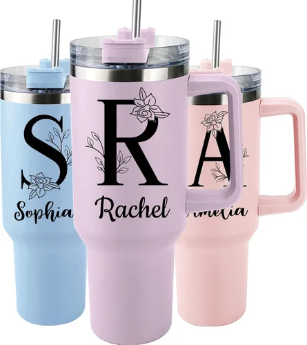 Miniatura 11 de Elemtansy Vaso personalizado de 40 onzas con asa y pajita, taza personalizada con nombre y flor de nacimiento, vaso de café de viaje de acero