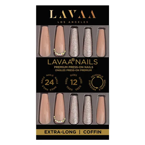 Miniatura 11 de GOLD VIBES - Uñas a presión de Lavaa Beauty Punta dorada con purpurina degradada Ataúd extra largas Vibes de oro