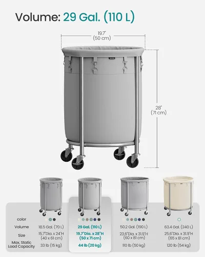 Miniatura 6 de Songmics – Cesta de lavandería de 29 galones (110 L) con ruedas, carrito rodante resistente redondo con marco de acero y bolsa extraíble, 2 ruedas