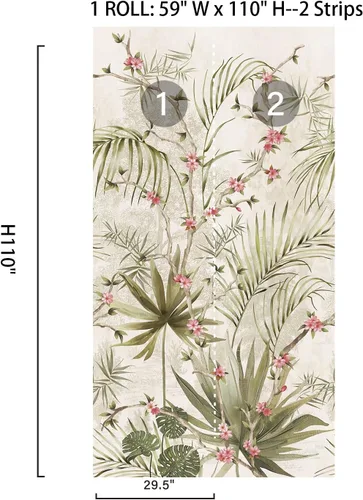Miniatura 2 de Zeeko Murales de pared botánicos vintage para despegar y pegar, 59 pulgadas de ancho x 110 pulgadas de alto, papel tapiz floral de árbol beige