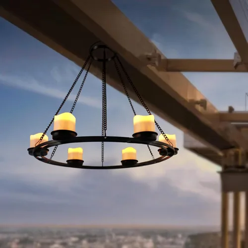 Candelabro solar para exteriores, farol de vela colgante con 7 luces votivas de energía solar en negro mate con acabado de metal para el hogar,