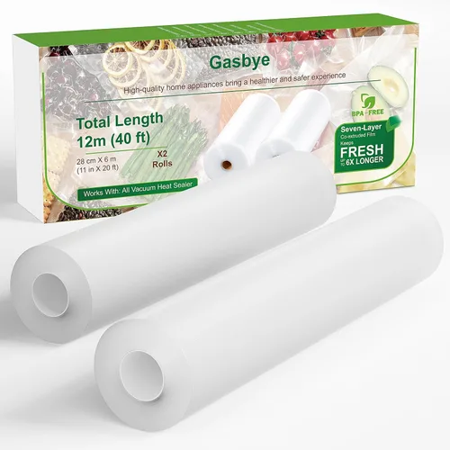 Gasbye Bolsas selladoras al vacío, paquete de 2 rollos de 11 x 20 pies, grado comercial sin BPA, tamaño personalizado duradero para almacenamiento