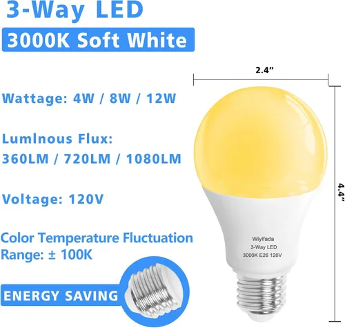 Miniatura 7 de Bombillas LED de 3 Vías Paquete de 2, Bombillas de 3 Vías 30 70 100 Blanco Suave 3000K, Base Media E26 A19 Bombilla de Tres Vías, Bombilla