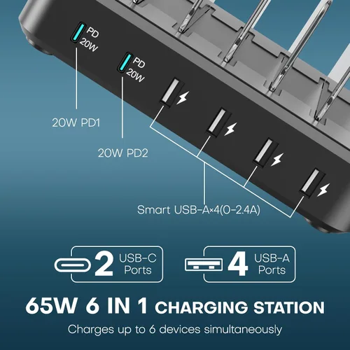 Miniatura 2 de Estación de carga para múltiples dispositivos, 65 W, 6 puertos, estación de carga rápida USB C con 6 cables de carga mixtos, base de carga