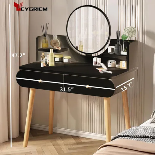 Miniatura 3 de Juego de mesa de tocador de maquillaje con espejo, tablero de fibra de densidad media, moderno escritorio de maquillaje con 2 cajones y 2 estantes