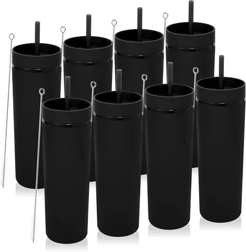 Miniatura 35 de Volhoply Paquete a granel de 4 vasos delgados de plástico de 20 onzas, vaso de doble pared con tapa y popote, taza reutilizable de viaje para café