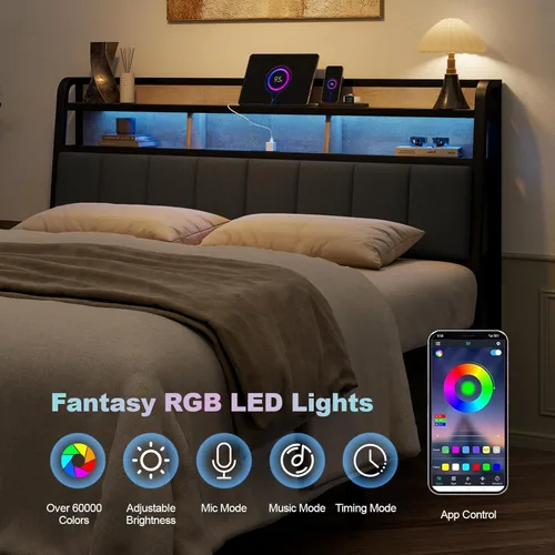 Miniatura 3 de Cabecera completa solo con almacenamiento, cabeceros tapizados para cama de tamaño matrimonial con luz LED, estación de carga, altura ajustable