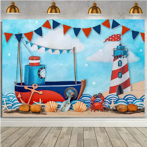 Miniatura 4 de Fondos de fotografía náutica de verano para vacaciones, velero, faro para niños, decoración de fondo de cumpleaños para niños, fiesta temática