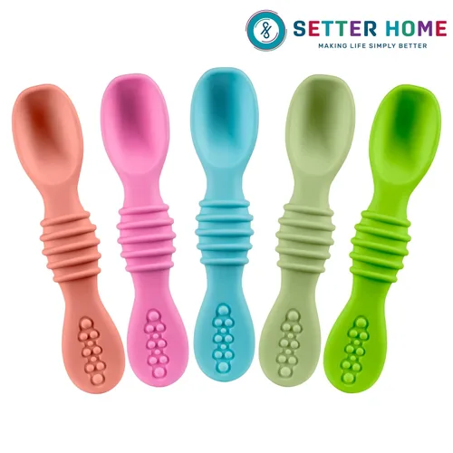 Miniatura 9 de Juego de cucharas de silicona prémium para bebés, cucharas para bebés y niños pequeños, utensilios de destete masticables para bebés de primera