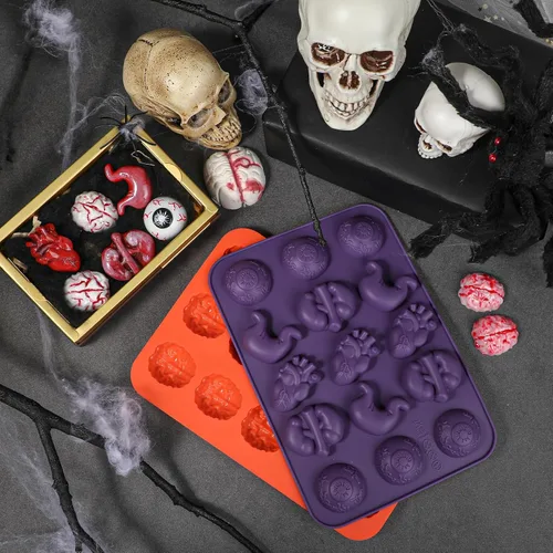 Miniatura 5 de Moldes de Chocolate de Halloween Kamehame, Molde de Silicona en Forma de Cerebro, Molde de Órgano de 15 Cavidades con Forma de Cerebro, Ojo