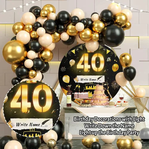 Miniatura 5 de Letrero luminoso de feliz cumpleaños de 40 años, decoración de fiesta para hombres, fondo de cumpleaños LED negro y dorado, carpa redonda, cartón