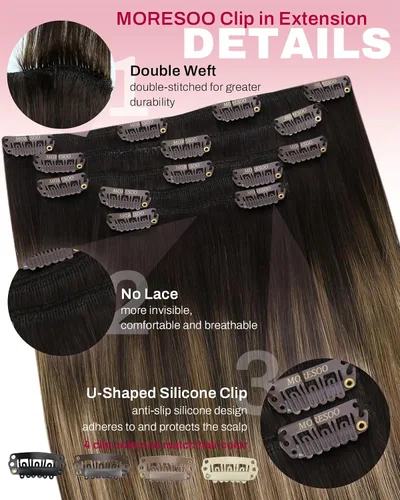 Miniatura 4 de Moresoo Extensiones de cabello humano con clip, balayage, color marrón oscuro a marrón dorado con clip, extensiones de cabello humano con clip, 5