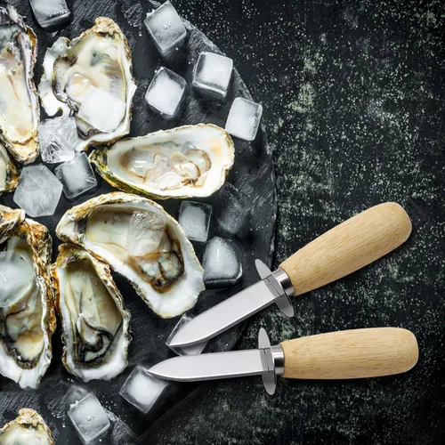 Miniatura 6 de 2Oyster - Cuchillo de acero inoxidable con mango de madera, con 2 pares de guantes resistentes a cortes de nivel 5, abridor de ostras para cocina