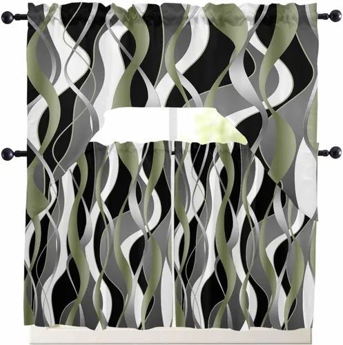 Juego de 3 cortinas de cocina con cenefa a rayas verdes salvia, con bolsillo para barra, para dormitorio, sala de estar, baño, ventanas, modernas,