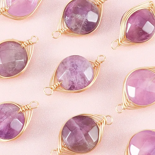 Miniatura 2 de LiQunSweet 10 piezas de eslabones de piedras preciosas de cristal de amatista natural, enlaces envueltos en alambre con alambres de latón dorado