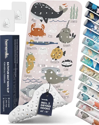 Miniatura 17 de Homerella - Alfombrilla de baño antideslizante y antideslizante para niños, 40 x 16 pulgadas, sin BPA, incluye 2 ganchos, tapete de ducha lavable