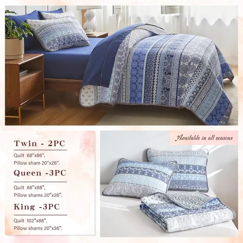 Miniatura 5 de Tititada Juego de edredón de 3 piezas de tamaño king, bohemio y colorido, azul y gris con rayas estilo boho, juego de edredón estampado para verano