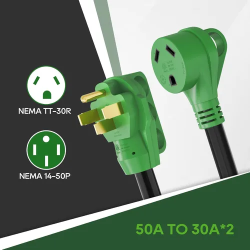 Miniatura 3 de RVGUARD - Cable adaptador RV Y de 50 amperios, enchufe macho 14-50P a dos hembras TT-30R de 30 amperios con mango para desconexión, color verde